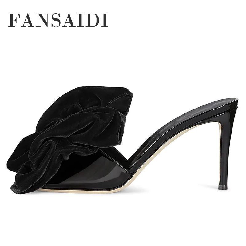 

FANSAIDI Fashion Women's Shoes Summer Consice Sexy Mules Bowknot Butterfly Knot Stilettos Heels Elegant Slippers 41 42 43 44 45