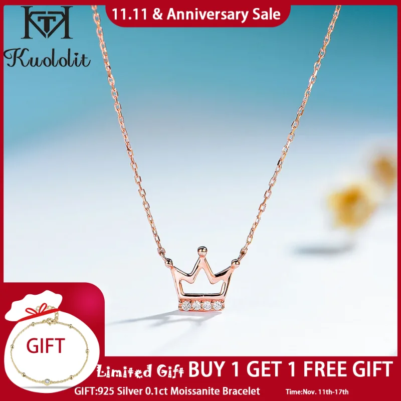 

Kuololit Solid 9K Rose Gold Moissanite Necklaces for Women Luxury Jewelry Crown Shape Wedding Engagement Christmas Party Gift