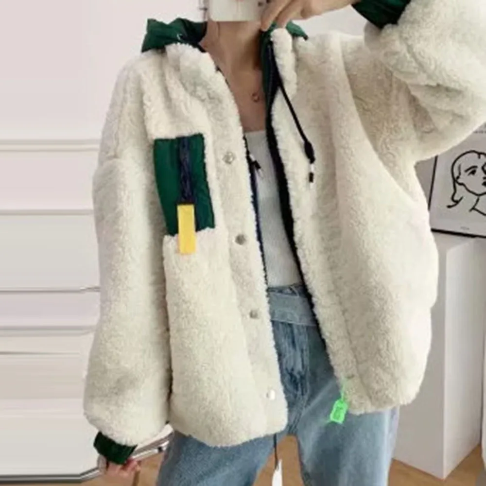 

Утепленная куртка из овечьей шерсти, модное однотонное лоскутное пальто с длинным рукавом и капюшоном, свободное повседневное офисное паль...