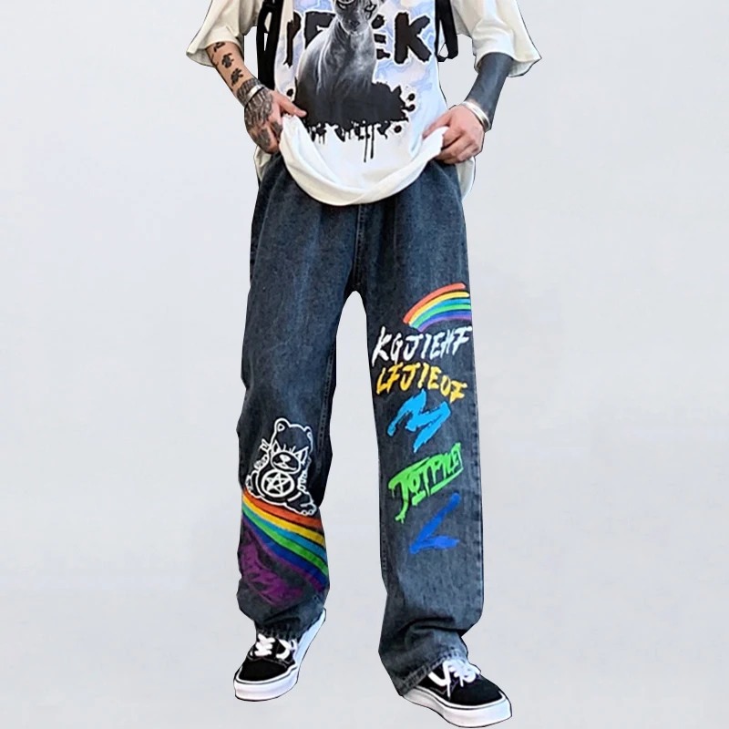 

Four Seasons Graffiti Jeans Men Brand Clothing Loose Straight Pants High Street Casual Pants Fashion Men Streetwear Ins Hot Sale