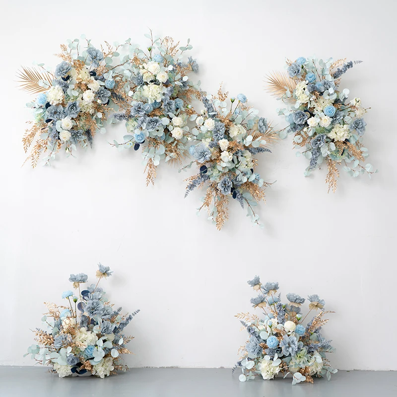 

Gold Leaf Haze Blue Wedding Floor Floral Arrangement Arch Hang Flower Row Event Stage Welcome Area Decor Props Table Floral Ball