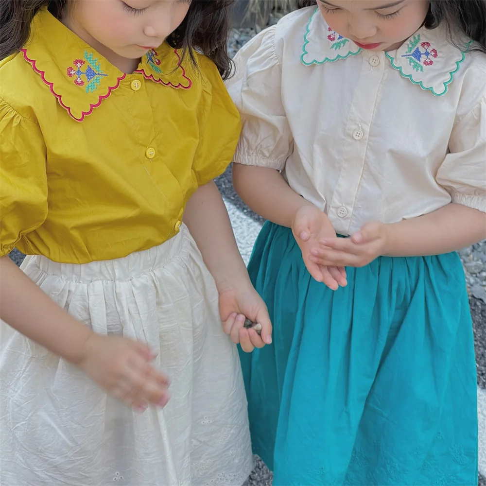 

2022 Summer blouses Floral Embroidery Label shirts For Girls cotton short sleeve Thin Tops