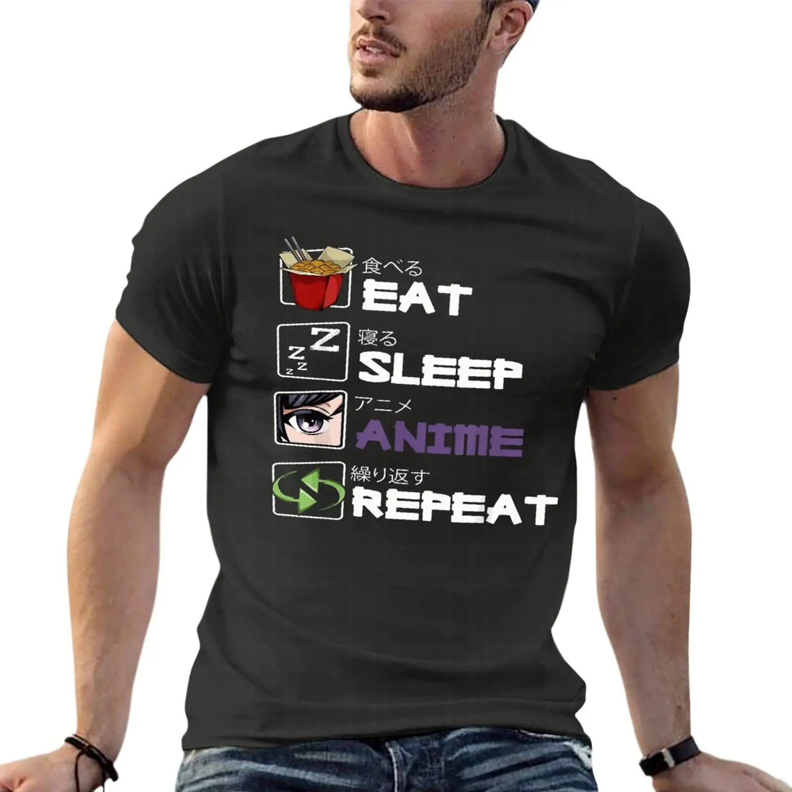 

Eat Sleep Anime Repeat Kawaii Oversize T Shirts Brand Men Clothing 100% Cotton Streetwear Large Size Tops Tee