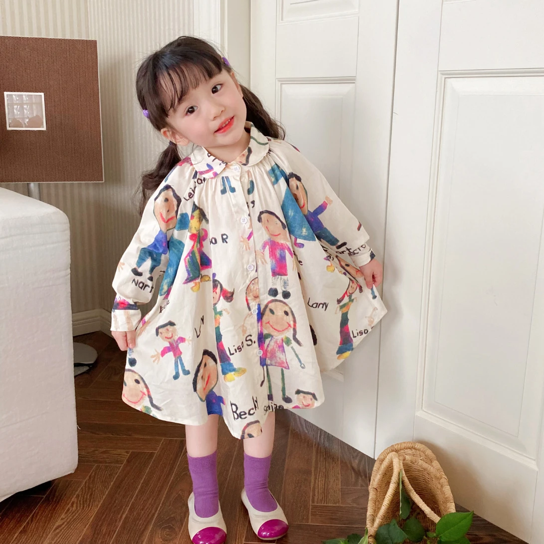 

2023 Baby Girls Dress Spring Summer Korean Children Cartoon Clothes Lapel Long Sleeve Dresses Kids Casual Clothing