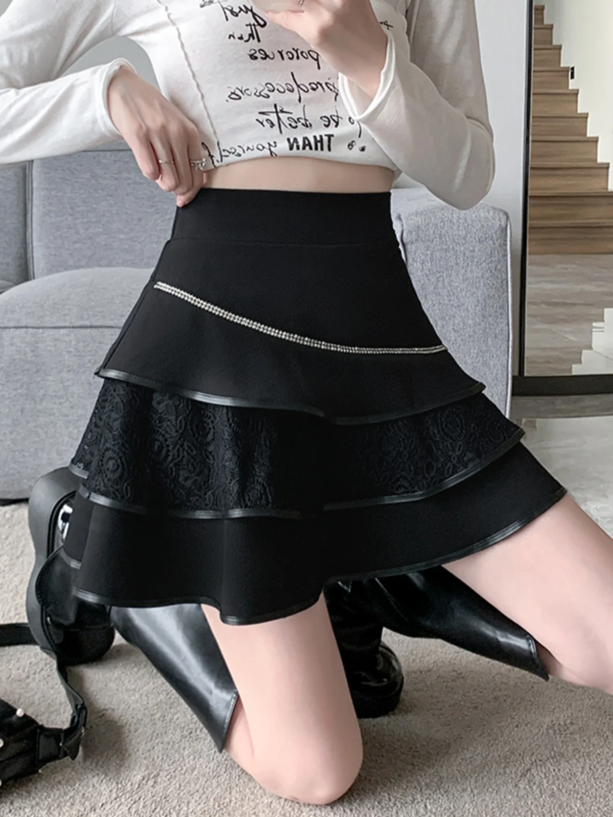 Черная модная кружевная лоскутная юбка-торт весна-осень новая облегающая пышная