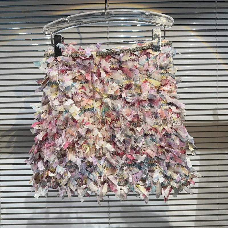 

BORVEMAYS Contrasting Colors Mesh Tassel Elegant Skirts Mini Women 2023 Summer High Waist Patchwork Fashion Trend Colours
