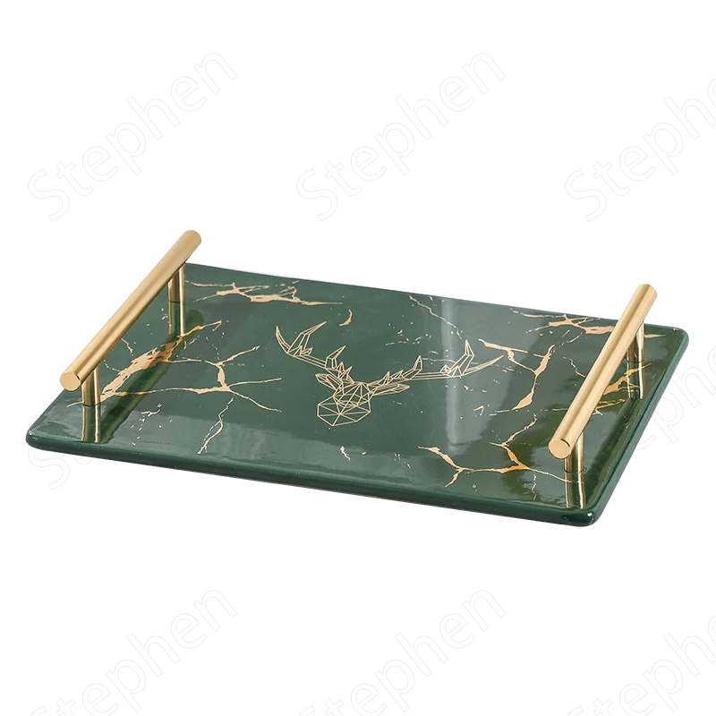 Golden Handle Ceramic Trays Decorative Nordic Modern Gold Marble Texture Home Bathroom Cosmetic Skin Care Products Storage Tray |