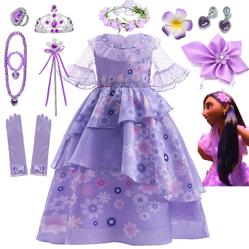 Купи Disney Girls Encanto Princess Dress Costume for Girl Kids Cosplay Isabella Mirabel Vestidos Gown Children Birthday Party Clothes за 583 рублей в магазине AliExpress