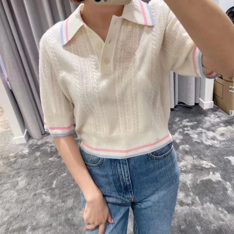 

2023 Spring and Summer New Women Sweater Lapel Collar Contrast Color Loose Casual Knit Pullover