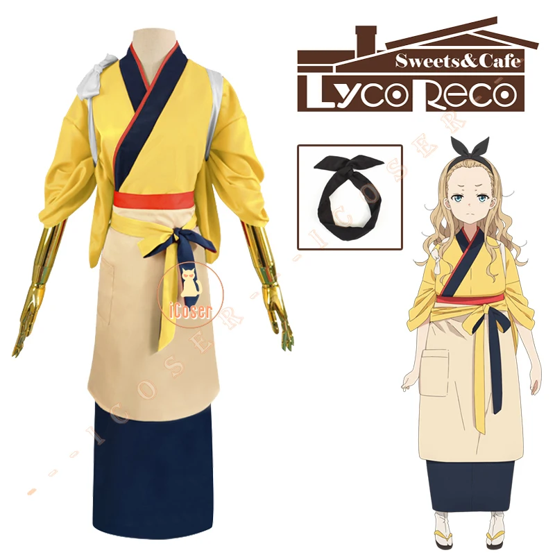 

Anime Lycoris Recoil Kurumi Walnut Cosplay Costume Japanese Kimono Dress Headwear Cafe Workwear LycoReco Outfit Hacker Women Set