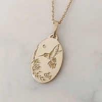 simple gold color oval shaped engraving bird leaves branch copper pendant sweater necklace for women party jewelry