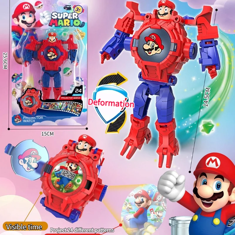 

New Mario Children's Toy Watch Morphing Robot Flip Projection Anime Mario Bros Luigi Yoshi Daisy Popular Kawaii Children's Gift