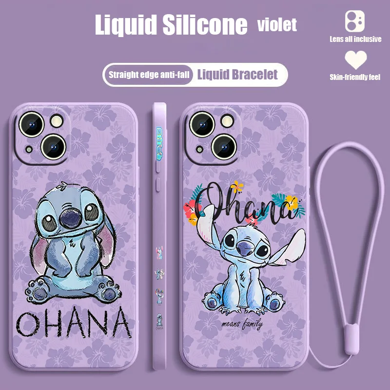 

Disney Stitch Flowers Phone Case For Apple iPhone 14 13 12 mini 11 Pro 8 7 6S 6 Plus XR XS X Max Liquid Left Rope Cover