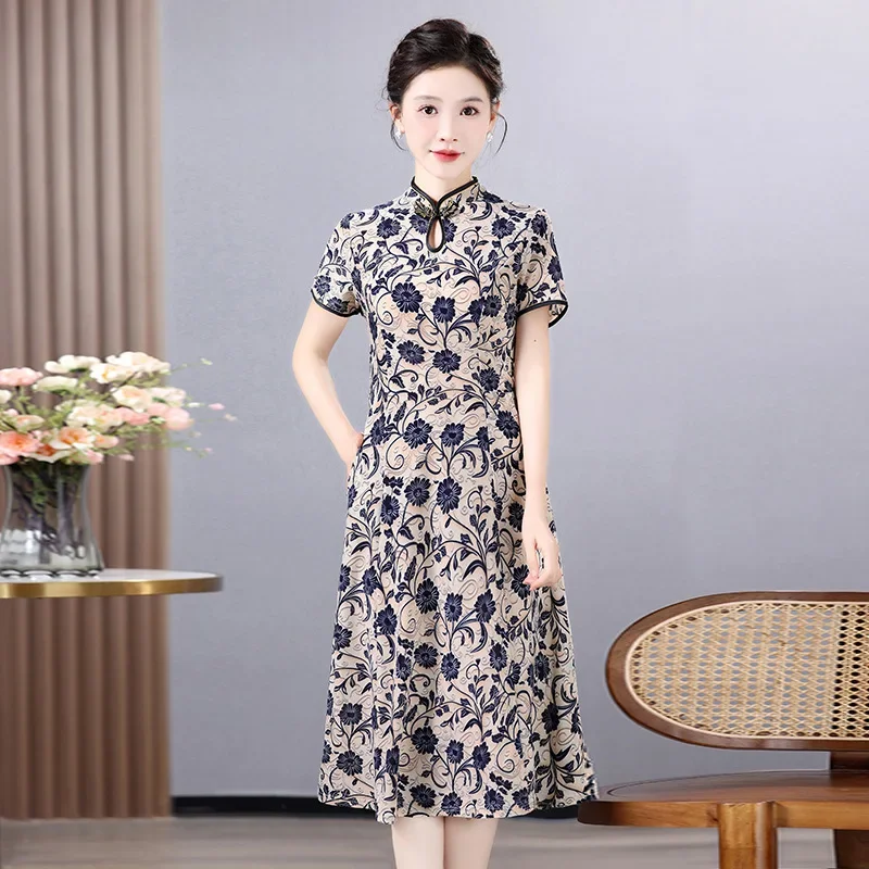 Винтажное улучшенное китайское платье летнее с коротким рукавом для женщин