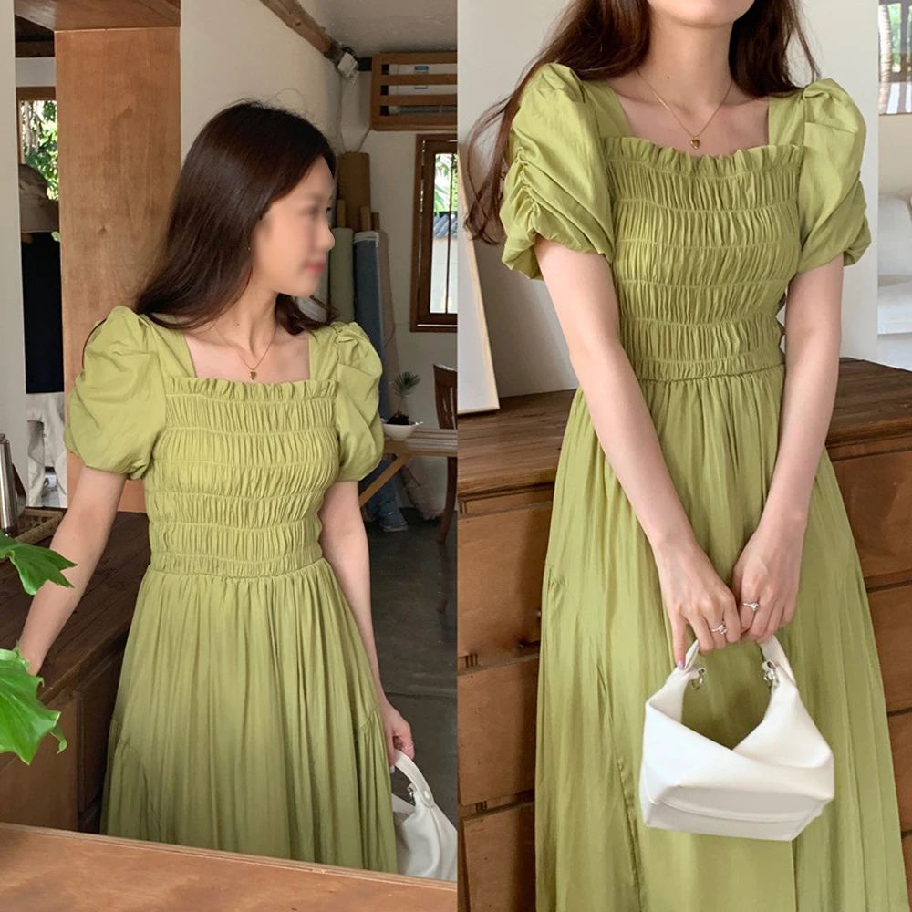 

Summer Korean INS French Dress Square Neck Bubble Sleeve Pleated Long Dresses Women Elegant Slim Fit Vestidos Female Y2k Clothes