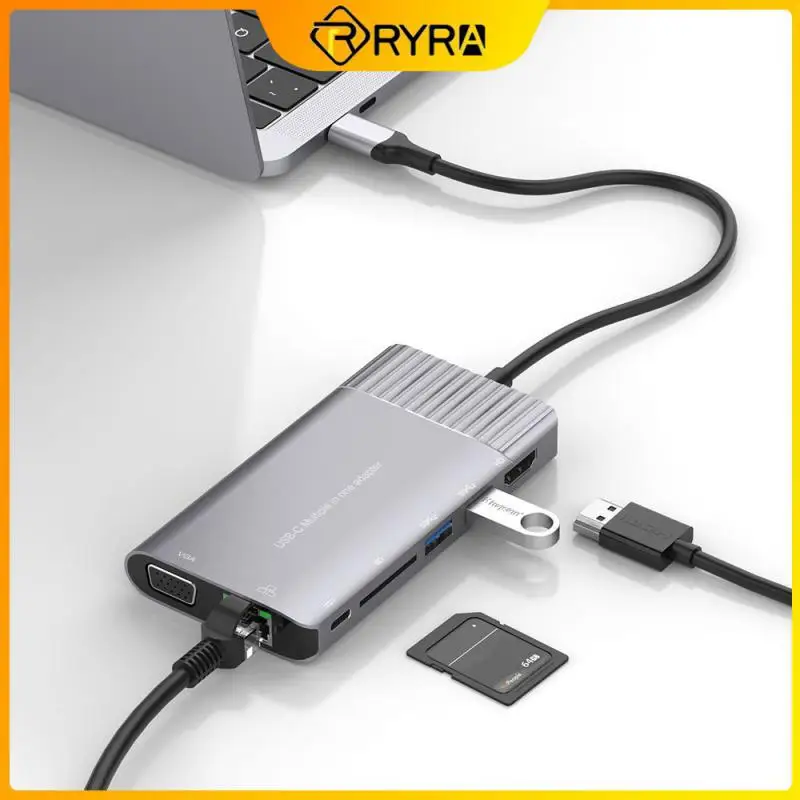 

RYRA Type-C To HDMI+VGA Audio Multi-Function Extender Hub Docking Station 2 Port USB3.0+SD+PD+ Gigabit Ethernet Port Hub For PC