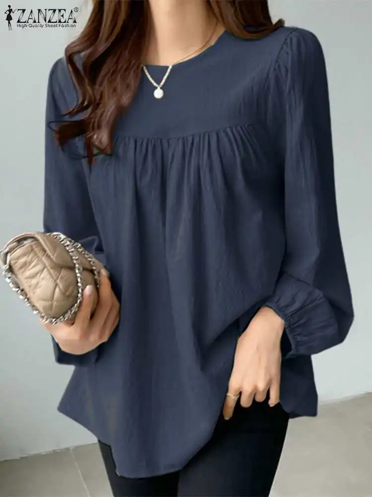 

Весенняя элегантная офисная рубашка с длинным рукавом и круглым вырезом, корейская модная женская блузка ZANZEA, повседневная Стильная туника, топы, однотонные свободные блузы