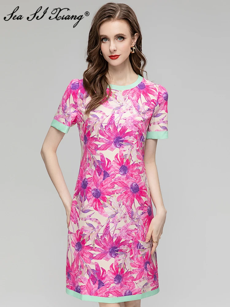

Seasixiang Fashion Designer Summer Dress Women O-Neck Short Sleeve Flowers Print Elegant Party Mini Dresses