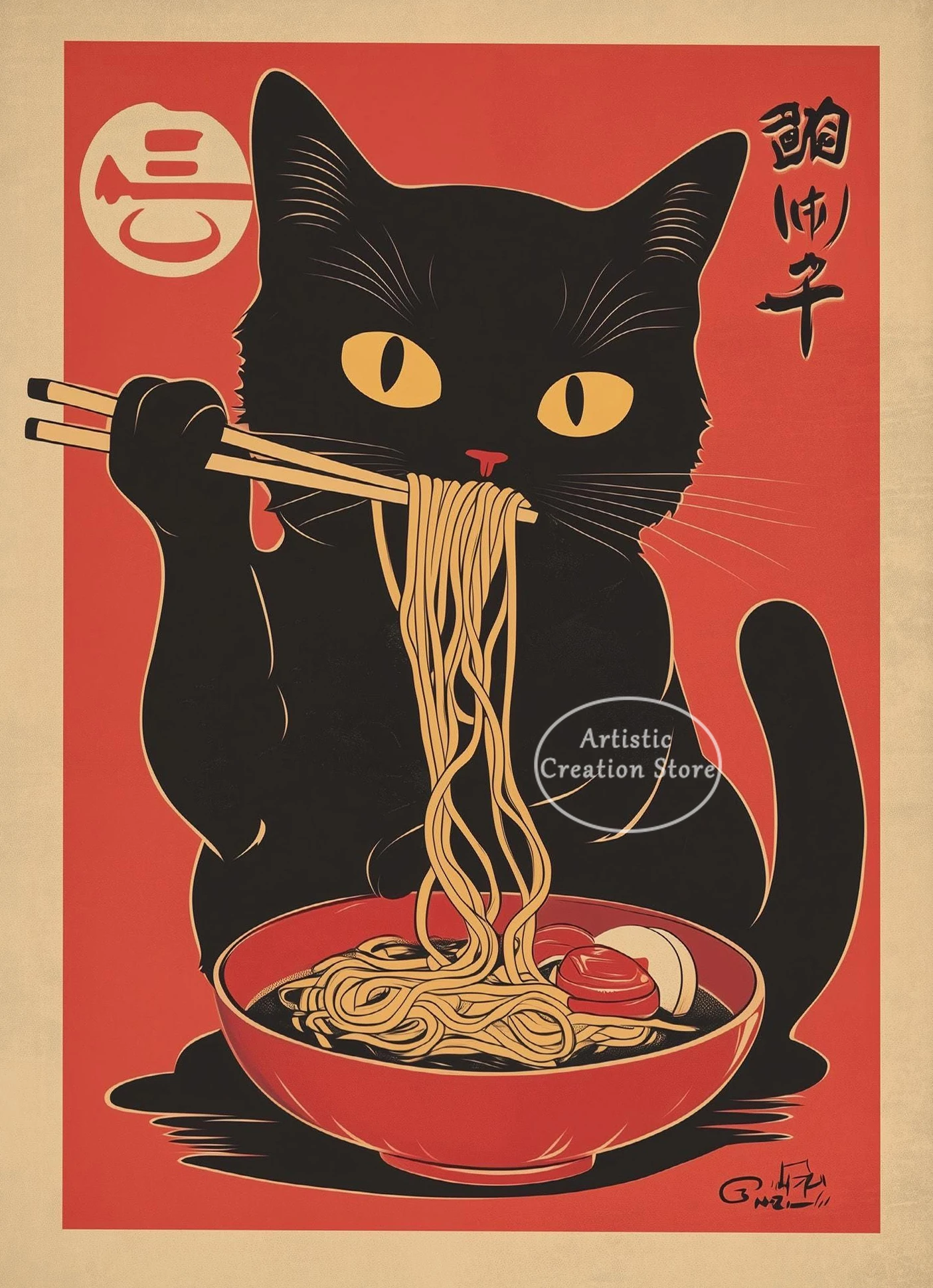

Винтажный японский эспрессо, суши, рамэн, черный кот, кухонная иллюстрация еды, постер, холст, картина, настенные панно, домашний декор