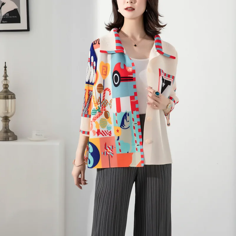 Pleated print short top women's spring square collar single-breasted Western style three-quarter sleeve small jacket
