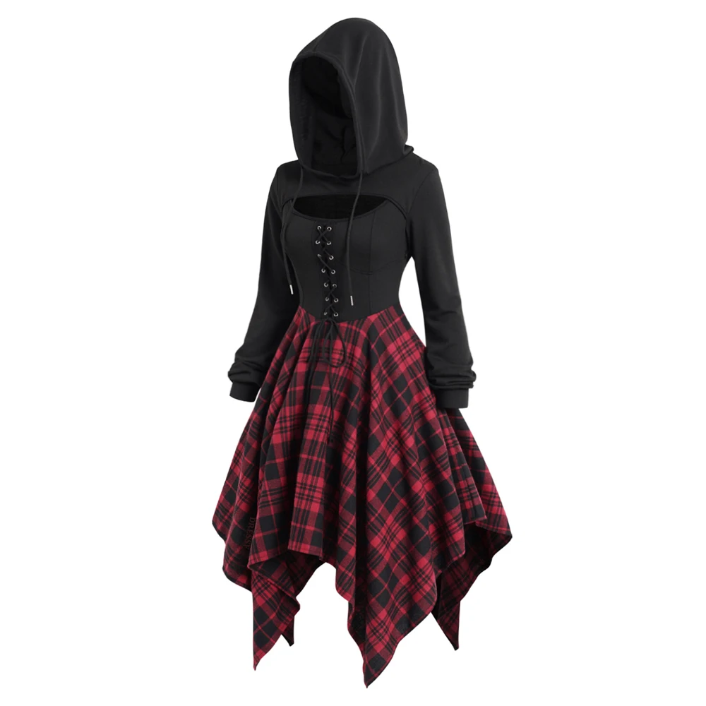 Асимметричное платье с капюшоном и принтом в клетку Платье миди на шнуровке