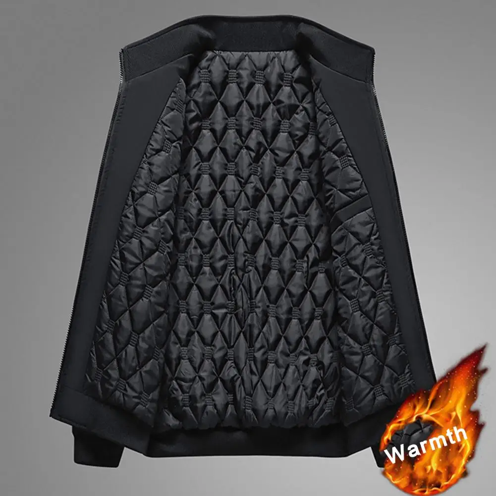 Men Jacket Cotton Padded Solid Color Keep Warm Stand Collar Loose Coat Autumn Winter Coldproof Ribbed Cuff Outwear Streetwear