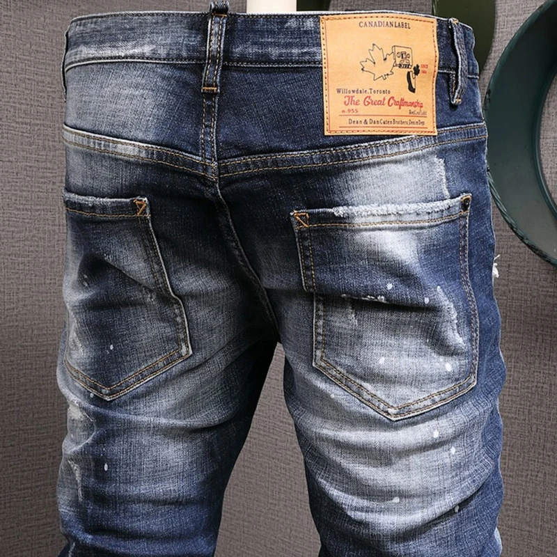 Italian Style Fashion Men Jeans Retro Blue Stretch Slim Fit Ripped Jeans Men High Quality Painted Designer Vintage Pants Hombre