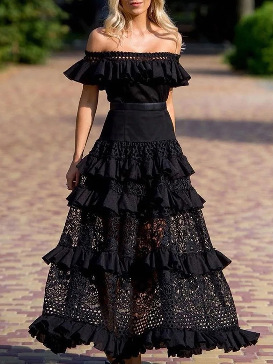 

Vintage Elegant Women's Long Dress Party Big Loose Swing Dresses White Lace Dress Off Shoulder Lotus Leaf Hollow Summer Retro