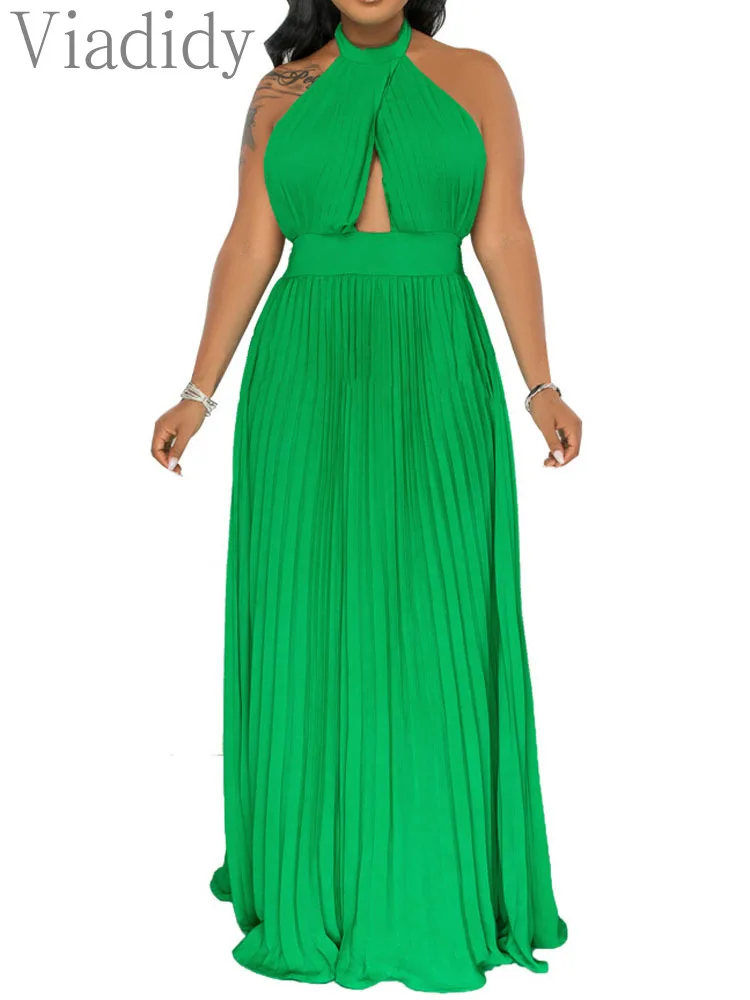 

Chiffon Halter Pleated Hollow Sleeveless Big Swing Dress
