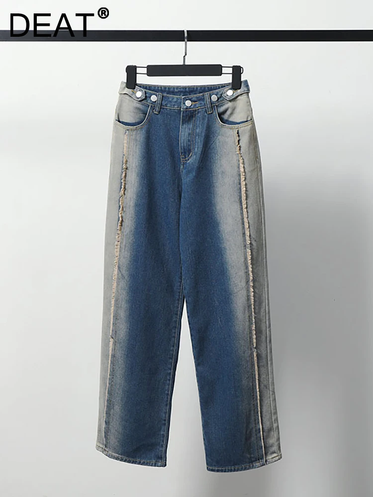 

DEAT Women's Jeans High Waist Gradient Blue Spliced Burrs Buttons Straight Wide Leg Denim Pants 2023 Autumn New Fashion 29L2699