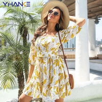 backless floral dress for women elegant summer dress holiday half sleeve 2022 new boho chic square neck flowy sexy robe
