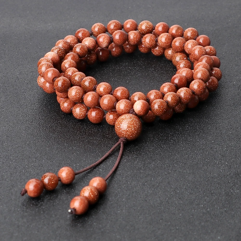 

Shiny Gold Color Sandstone Beads Bracelets & Necklace Women Men 108 Mala Natural Stone Beaded Bracelets Charm Yoga Jewelry Gifts