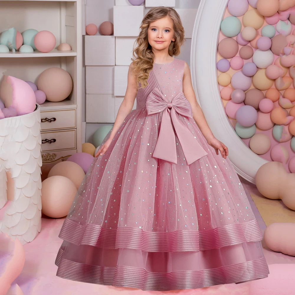 

Teenage Girls Birthday Party Dresses Bow Sequin Fluffy Children Ceremony Wedding Evening Gown Kids Girl Formal Bridesmaid Dress