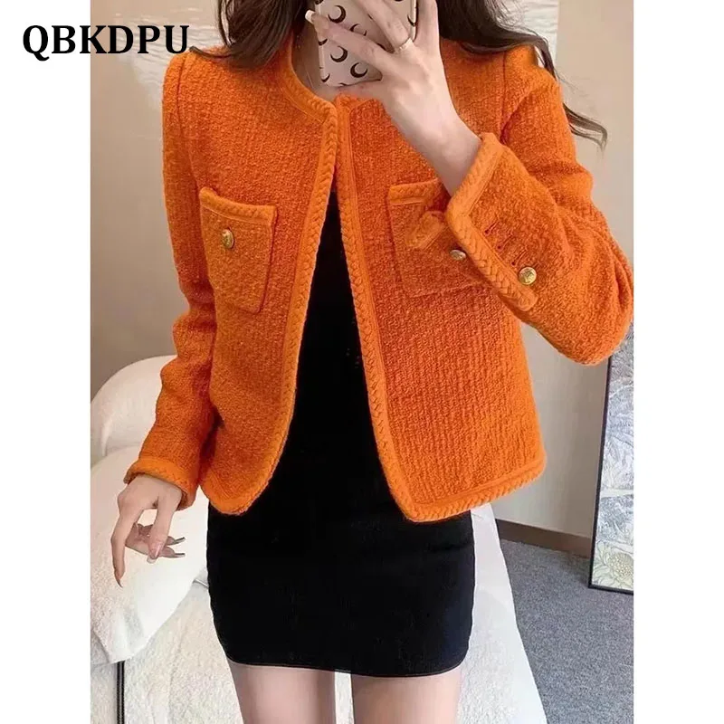 

Корейская твидовая укороченная куртка с круглым вырезом, женское однотонное повседневное шикарное короткое пальто с длинным рукавом, Осен...