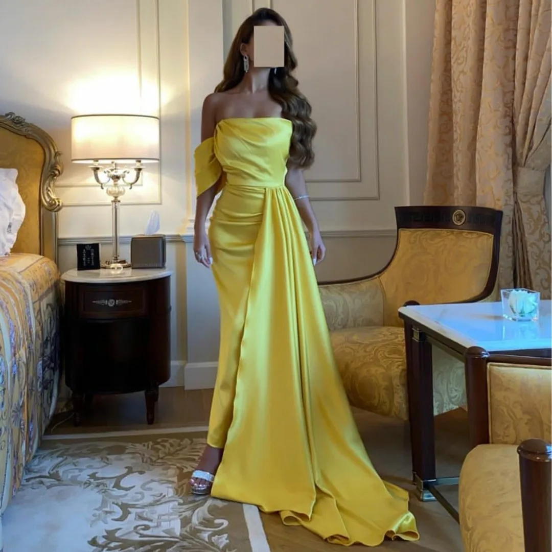 

Yellow Strapless One Shoulder Evening Dresses with Flutters Sash Wedding Guest Dress Ruched Ankle Length Prom Party Formal Gowns