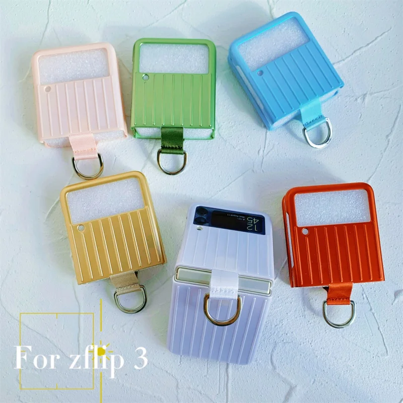 

Case for Samsung Galaxy Z Flip 3 PC Hard Case Fall Protection Strap Fastened Ring Striped Luggage Japanese and Korean Style