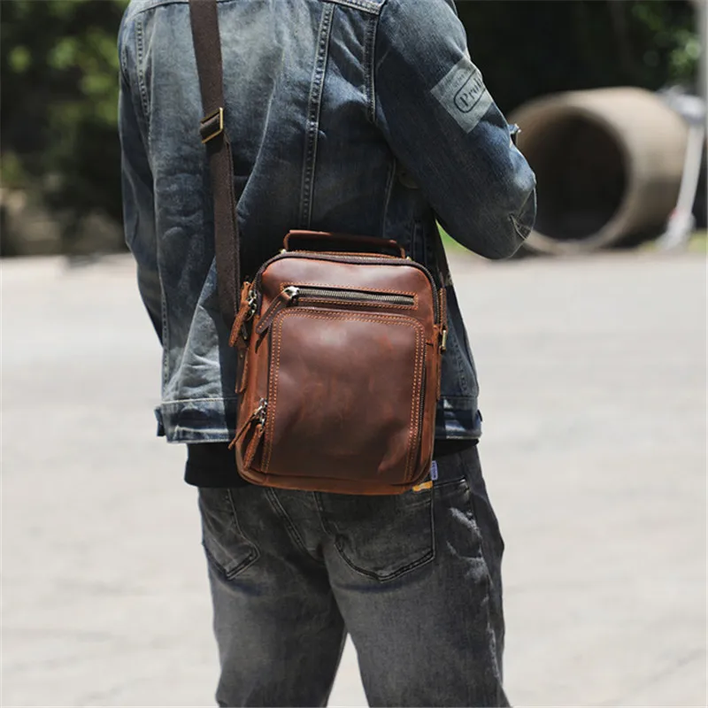 Vintage crazy horse cowhide men's work handbag outdoor business luxury high quality genuine leather shoulder crossbody bag