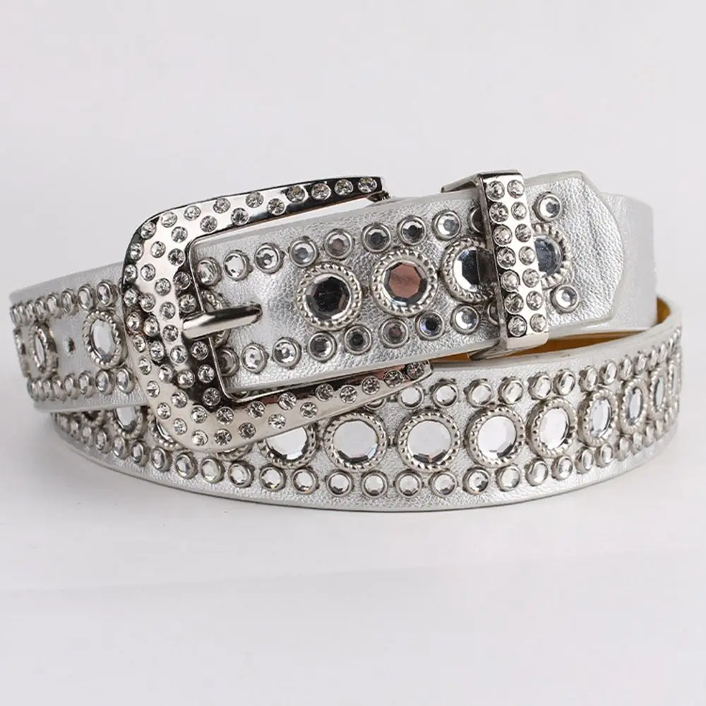 

PU Leather Belts Punk Diamond Silver Rhinestone Belts Alloy Pin Buckle Leather Belt Women