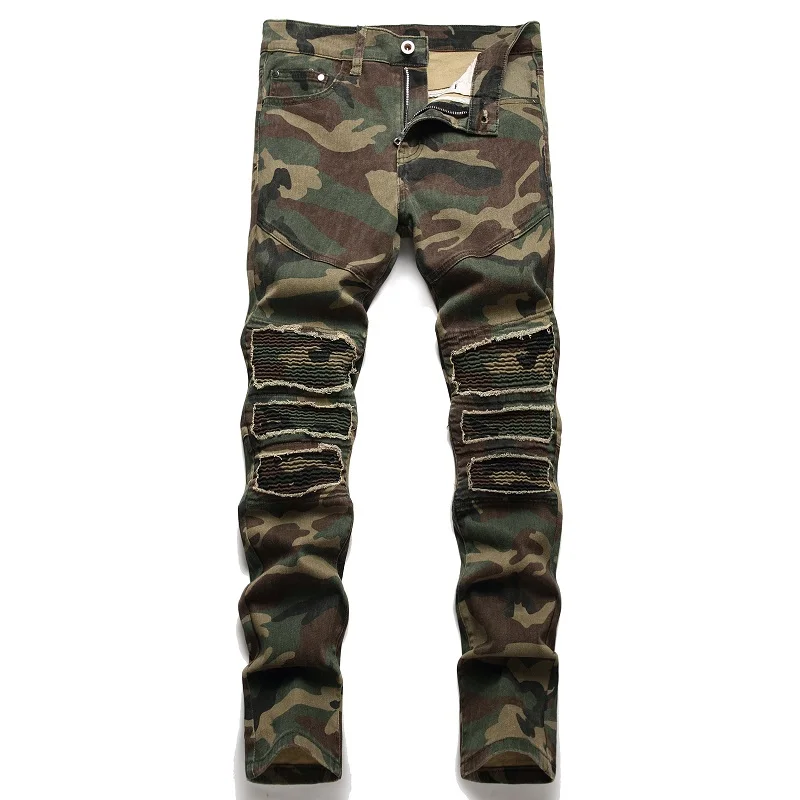 

Fashion Slim Stretch Men's Camouflage Jeans Autumn Street Mid-Waist Hole Patch Pants Casual Denim Trousers Pantalones De Hombre
