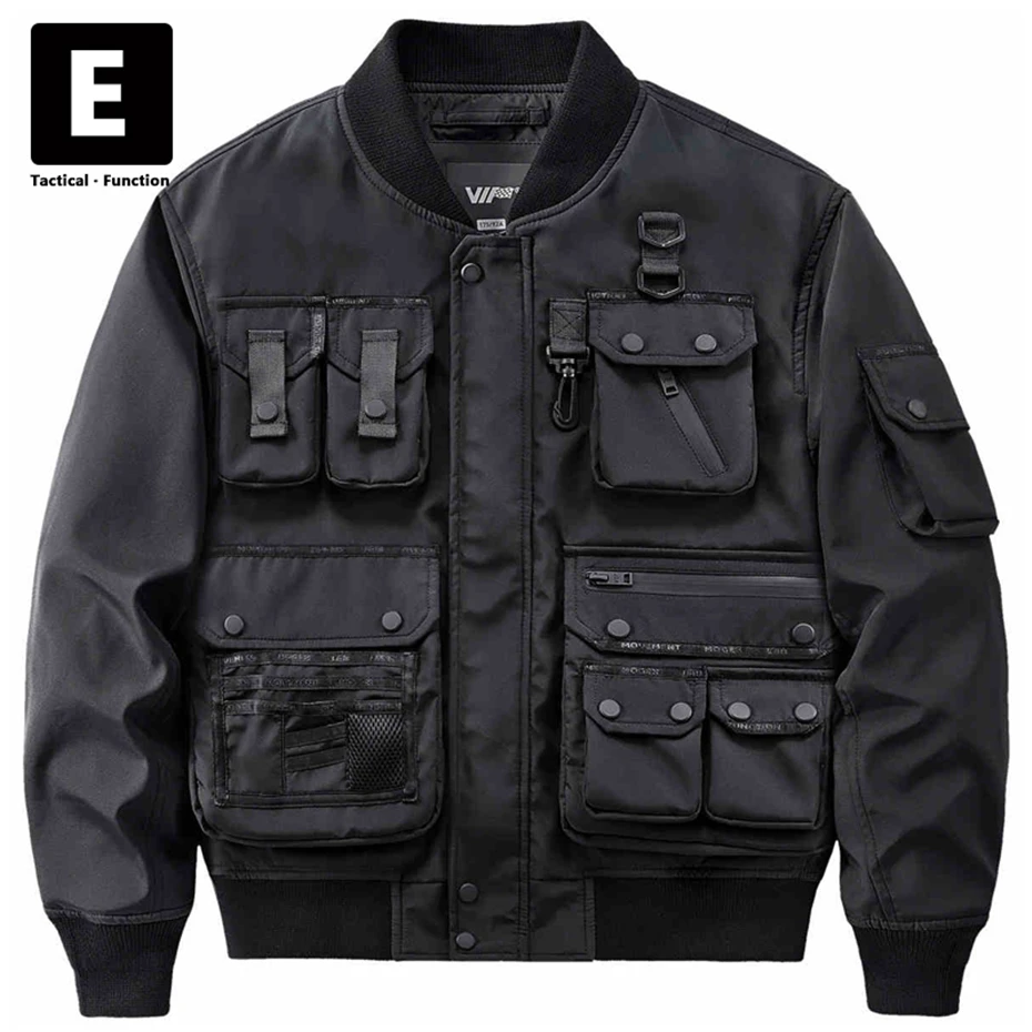 

Black Bomber Jacket Men Streetwear Jackets Multiple Pockets Cargo Jackets Coat Male Punk Techwear High Quality