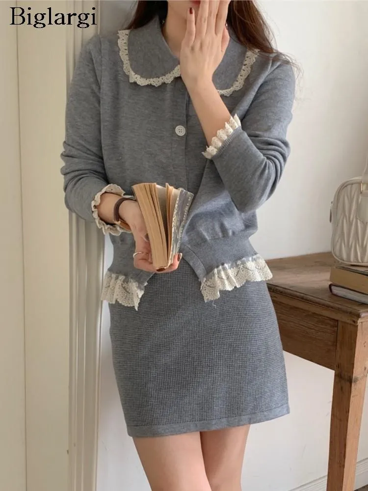 

Knitted Autumn 2 Two Piece Set Women Lace Patchwork Korean Long Sleeve Ladies Cropped Tops Bodycon Fashion Woman Mini Skirt 2023