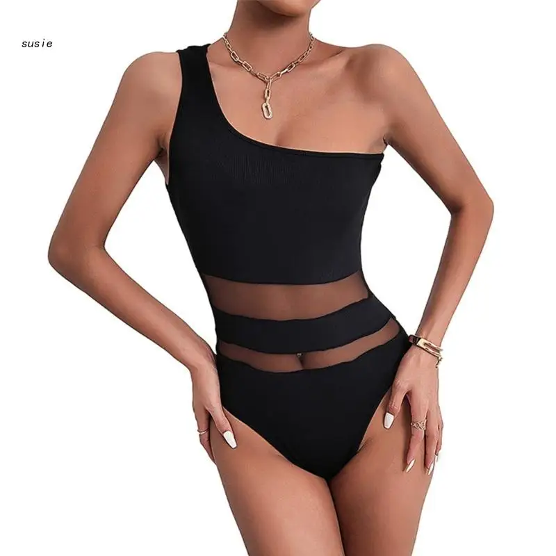 

X7YA Solid Color Thong Sleeveless Bodycon Bodysuit One Shoulder Romper Top for Women