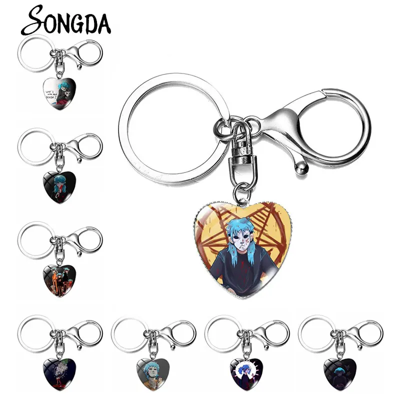 

Sally Face Game Heart Keychain Cartoon Figures Pendant Keyring Glass Cabochon Keychains Lobster Clasp Buckle Key Holder Jewelry