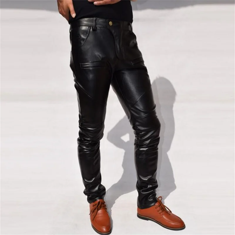 Warm windproof motorcycle faux leather pants men tight trousers pu pants for men pantalon homme splice black fashion modern