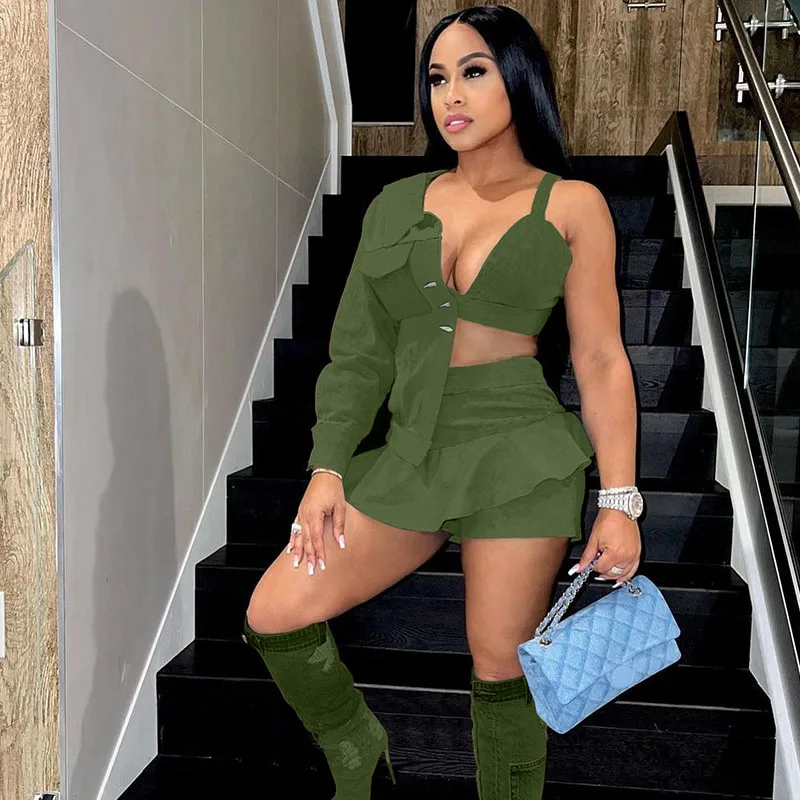 

Sexy 2 Piece Sets Women Outfit Clubwear Party Irregular Top and Ruffles Mini Skirt Set Festival Clohting Matching Sets 2023
