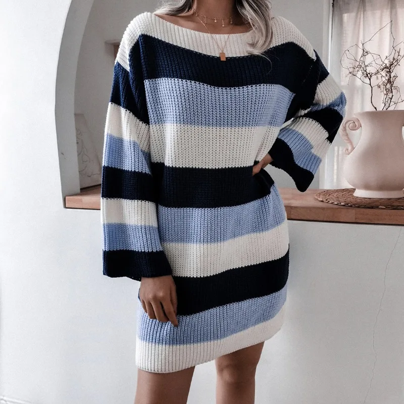 

Осенне-зимнее женское Трикотажное Платье-Свитер оверсайз с одной горловиной без бретелек в контрастную полоску модное шикарное платье