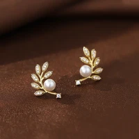 exquisite flower leaves pearl stud earrings for women rhinestone geometric earrings girls trend party ear studs piercing jewelry