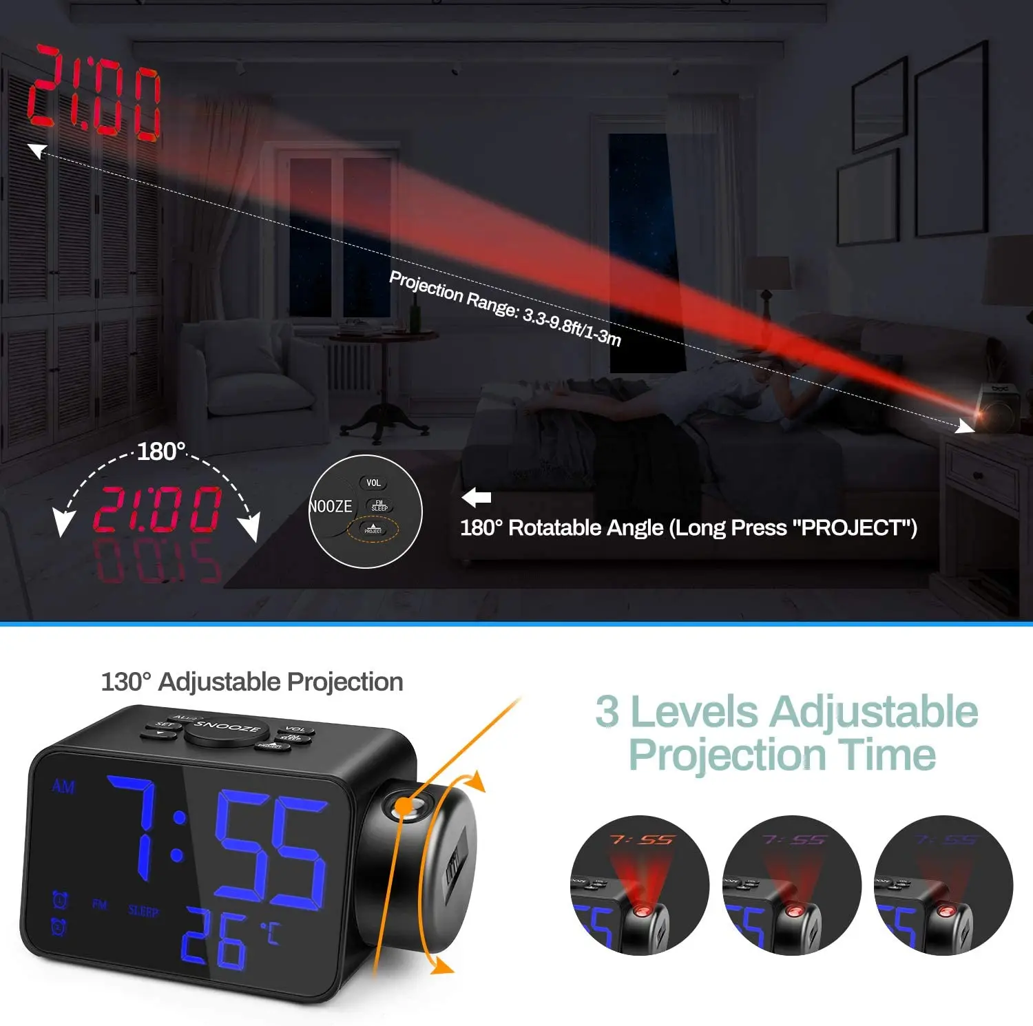 Проекционный будильник с FM-радио светодиодный цифровой проектор настенный 180