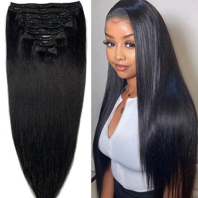 Straight Clip In Real Human Hair Natural Extensions Hair Extension Full Head Brazilian Clip on Hair Extension for Black Women 1