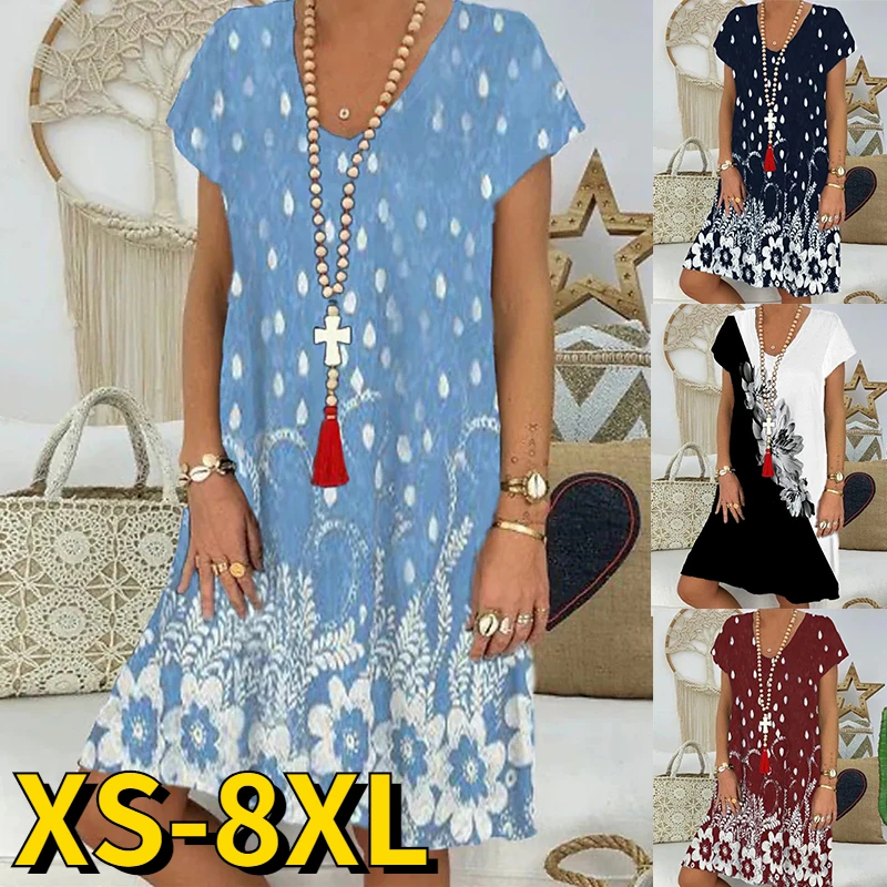 

2022Women'sStraightDress3DFlowerPrintingSkirtSummerV-NeckMidiSkirtFashionLadiesCasualDressVacationLooseSkirt